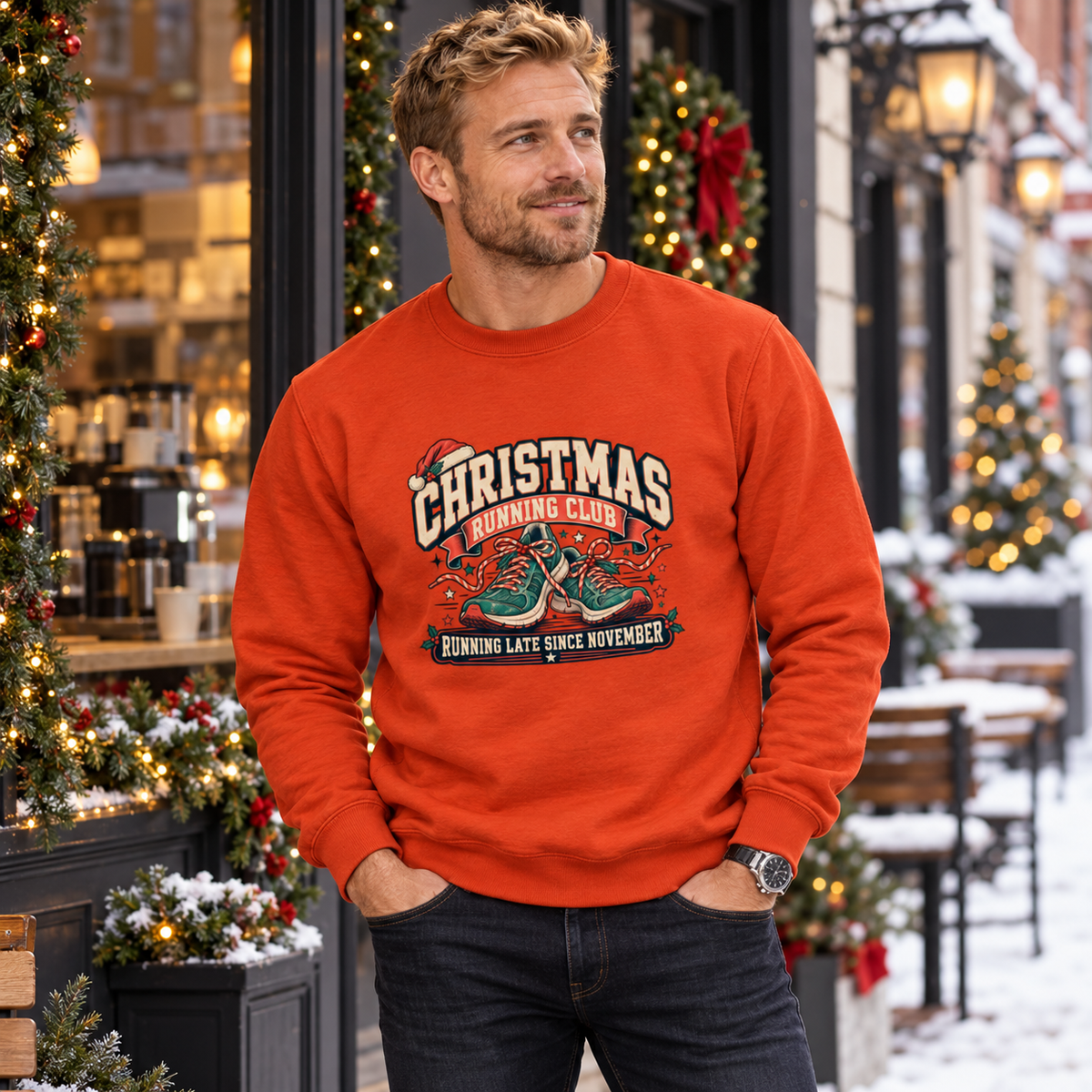 Christmas Running Club – Running Late Men's Sweatshirt in Burnt Orange, styled for Christmas