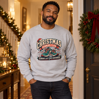 Christmas Running Club – Running Late Men's Sweatshirt in Heather Grey, styled for Christmas