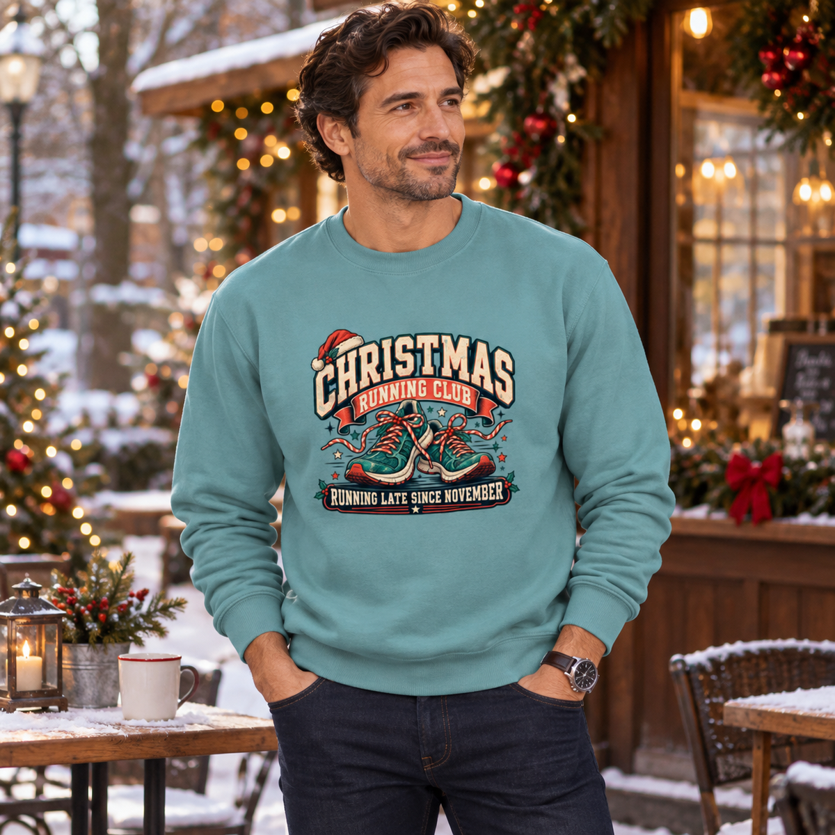 Christmas Running Club – Running Late Men's Sweatshirt in Seafoam, styled for Christmas