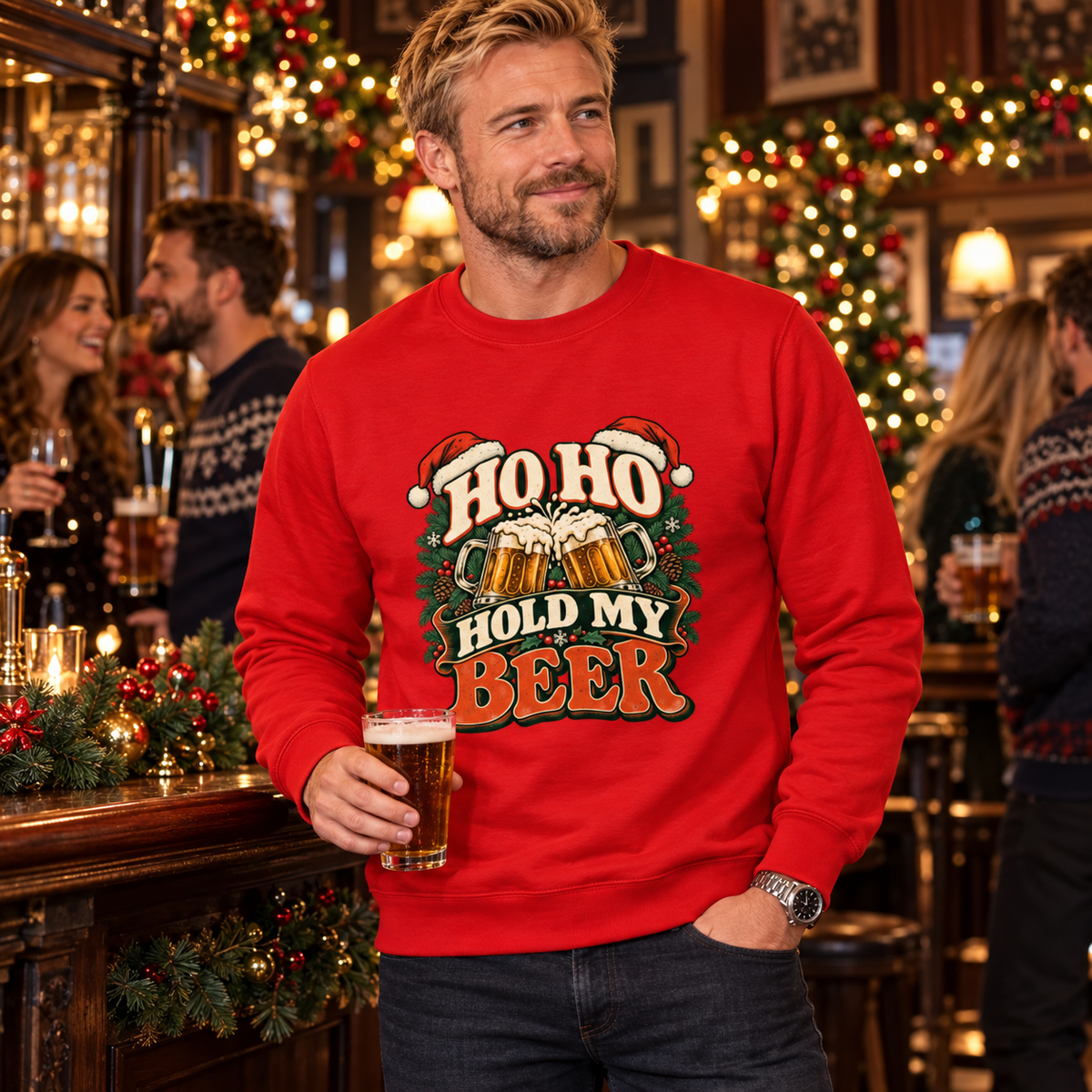 Ho Ho Hold My Beer Men's Christmas Sweatshirt in Fire Red, styled for Christmas