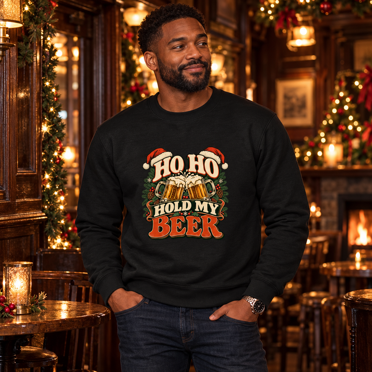 Ho Ho Hold My Beer Men's Christmas Sweatshirt in Jet Black, styled for Christmas