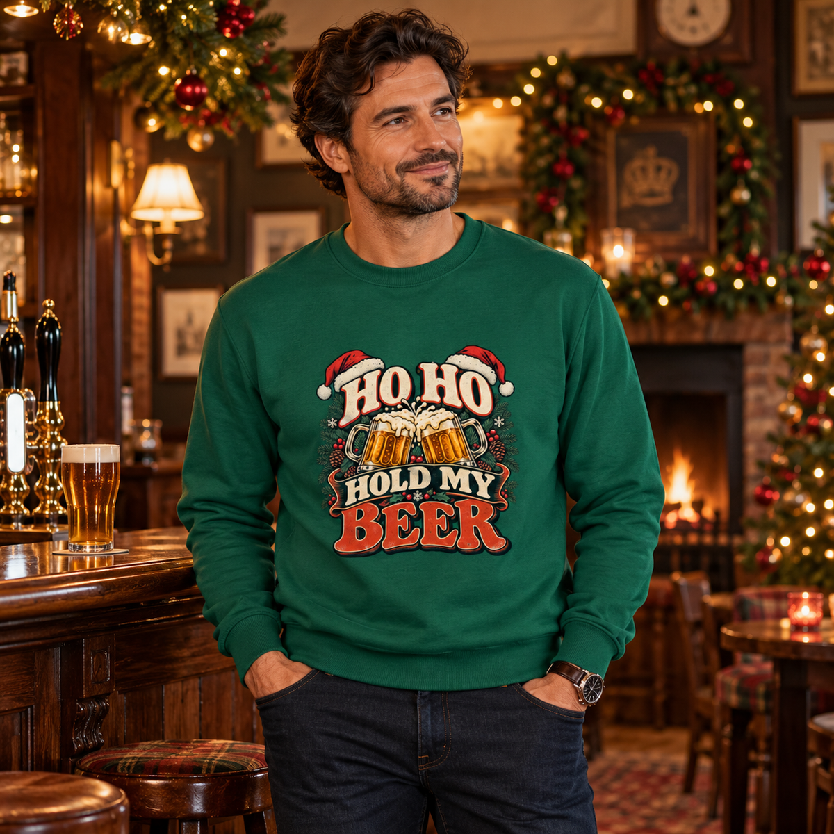 Ho Ho Hold My Beer Men's Christmas Sweatshirt in Rainforest Green, styled for Christmas