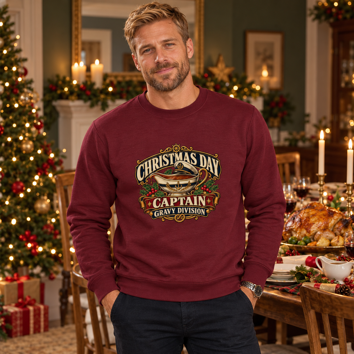 Christmas Day Captain – Gravy Division Men's Sweatshirt in Burgundy, styled for Christmas