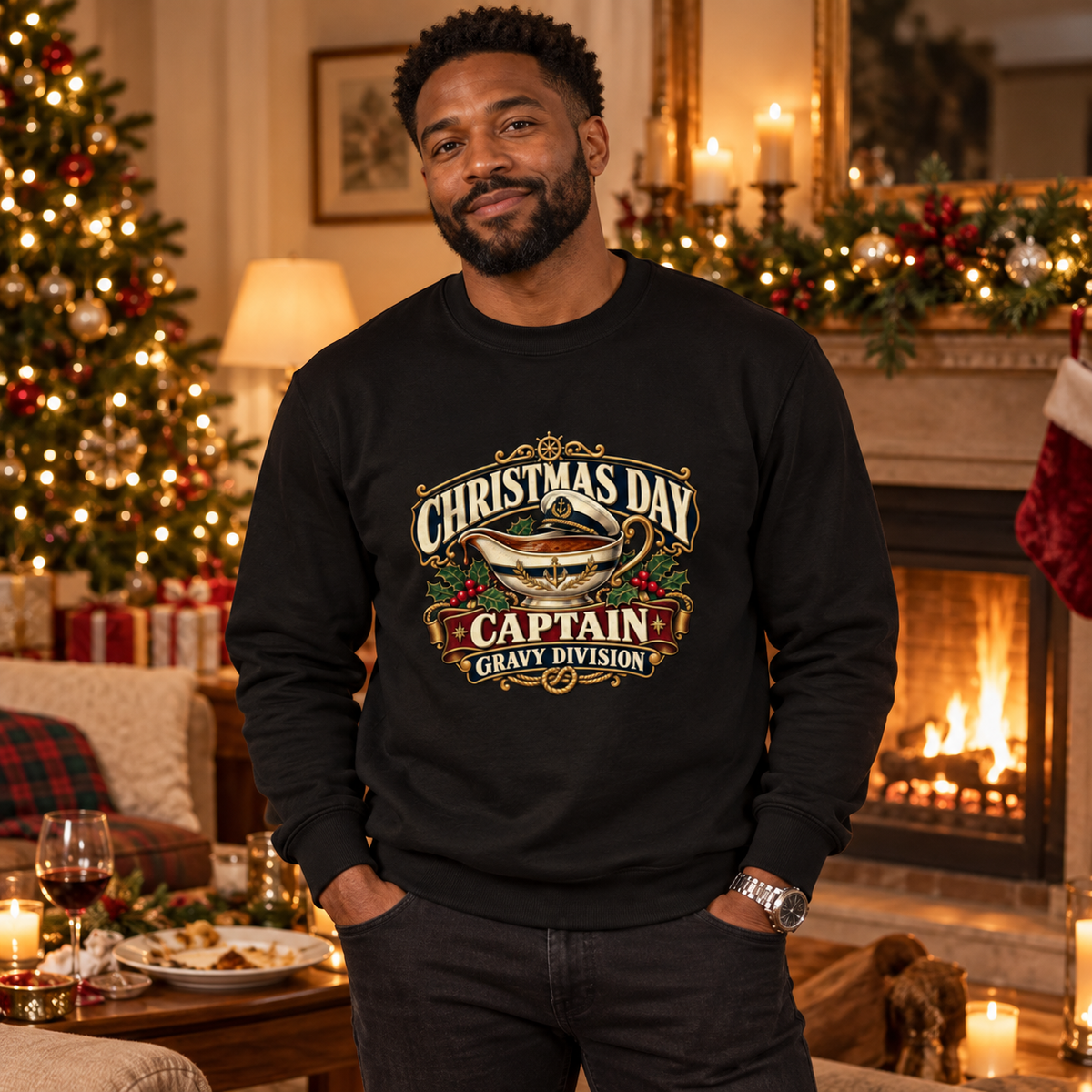 Christmas Day Captain – Gravy Division Men's Sweatshirt in Deep Black, styled for Christmas