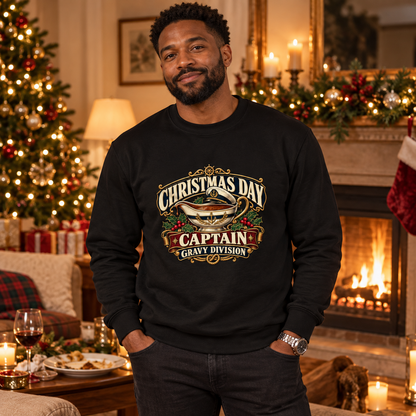 Christmas Day Captain – Gravy Division Men's Sweatshirt in Deep Black, styled for Christmas