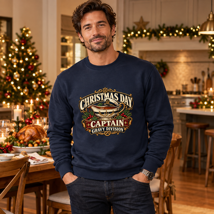 Christmas Day Captain – Gravy Division Men's Sweatshirt in New French Navy, styled for Christmas