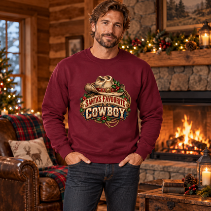Santa's Favourite Cowboy Men's Christmas Sweatshirt in Burgundy, styled for Christmas