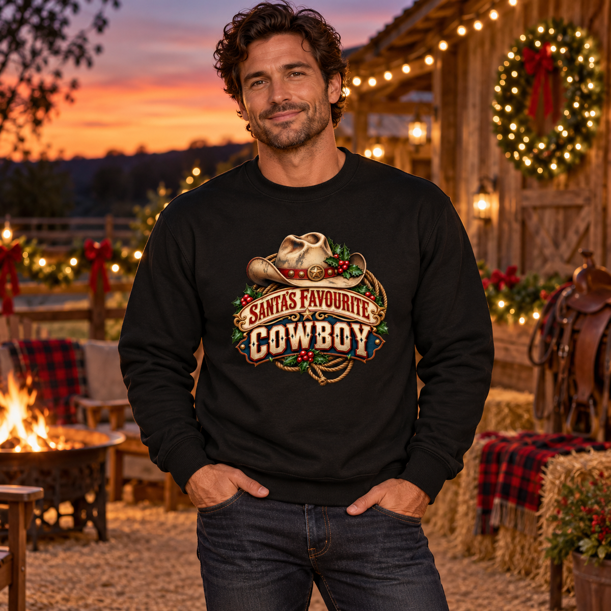 Santa's Favourite Cowboy Men's Christmas Sweatshirt in Deep Black, styled for Christmas