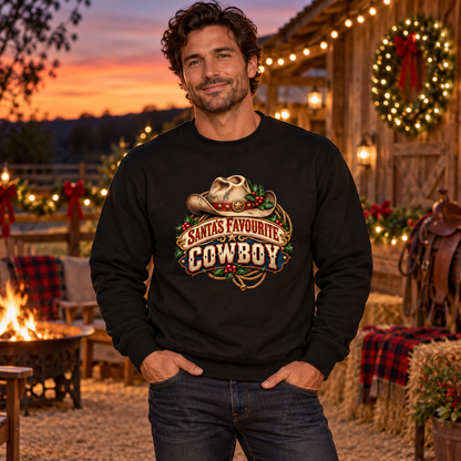 Santa's Favourite Cowboy Men's Christmas Sweatshirt in Deep Black, styled for Christmas