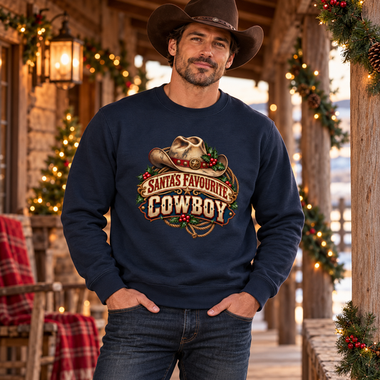 Santa's Favourite Cowboy Men's Christmas Sweatshirt in New French Navy, styled for Christmas