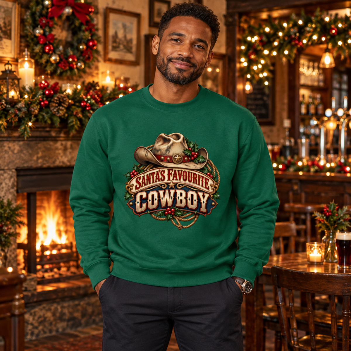Santa's Favourite Cowboy Men's Christmas Sweatshirt in Rainforest Green, styled for Christmas