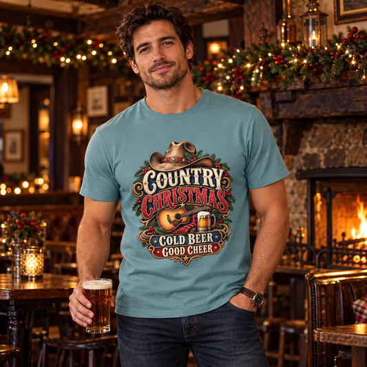 Cold Beer & Good Cheer Men's Country Christmas T-Shirt in Stone Blue, Christmas lifestyle photo
