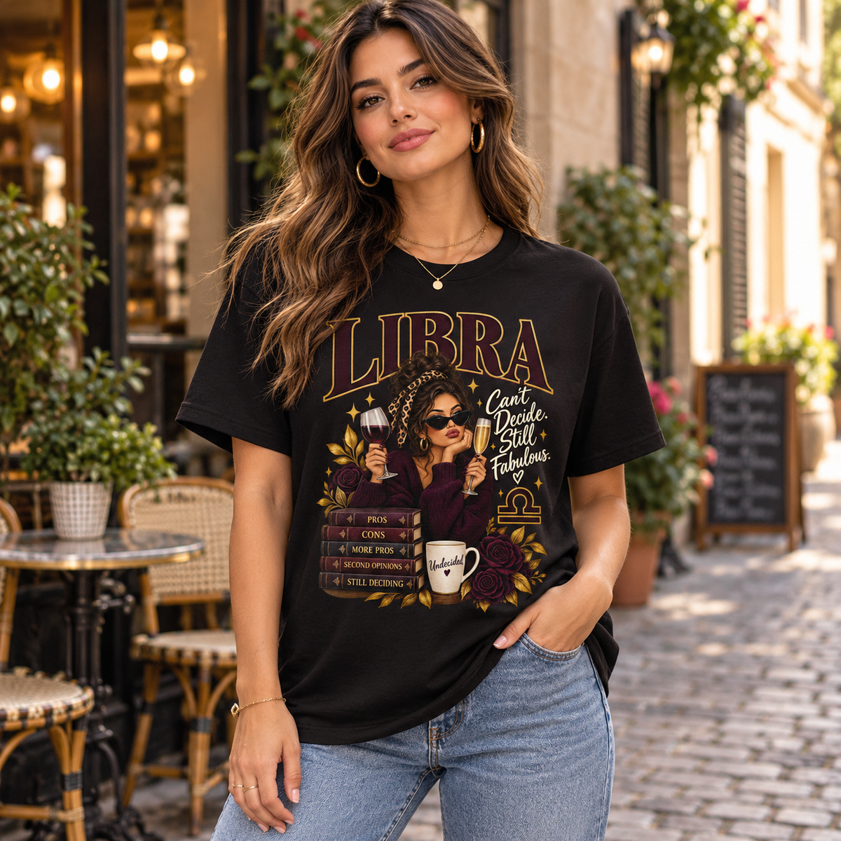 Libra Can't Decide, Still Fabulous Women's T-Shirt in Black, worn by a woman in a lifestyle setting