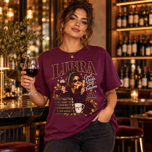 Libra Can't Decide, Still Fabulous Women's T-Shirt in Maroon, worn by a woman in a lifestyle setting
