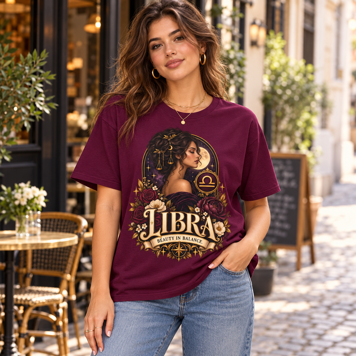 Libra Beauty in Balance Women's T-Shirt – Burgundy in Maroon, worn by a woman in a lifestyle setting
