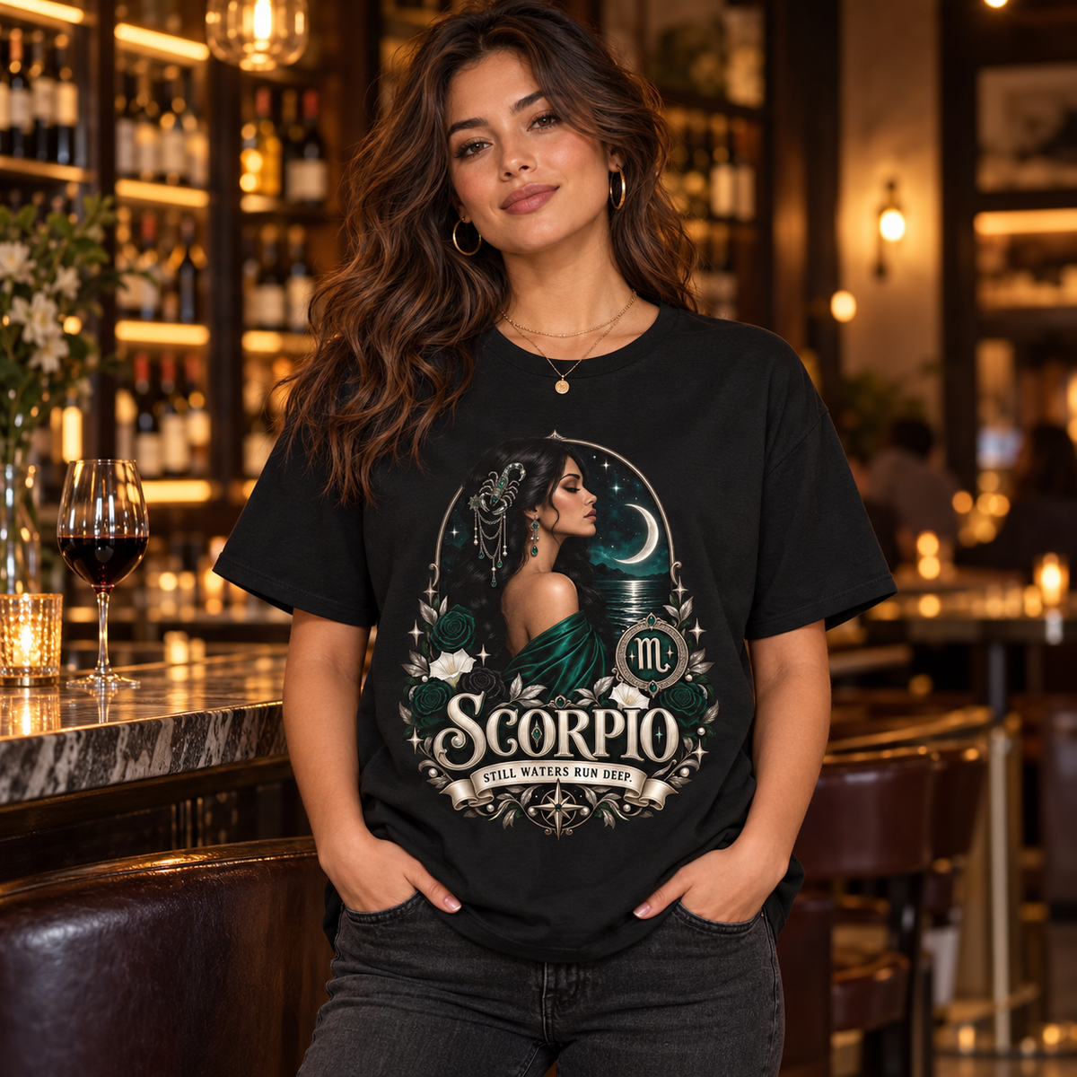 Scorpio Still Waters Run Deep Women's T-Shirt in Black, worn by a woman in a lifestyle setting