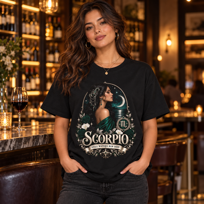 Scorpio Still Waters Run Deep Women's T-Shirt in Black, worn by a woman in a lifestyle setting