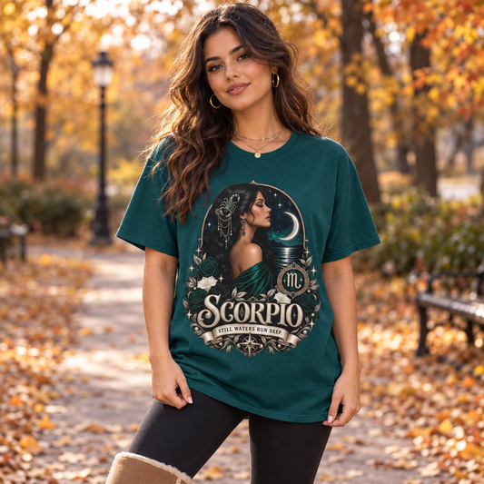 Scorpio Still Waters Run Deep Women's T-Shirt in Fan Marine Green, worn by a woman in a lifestyle setting