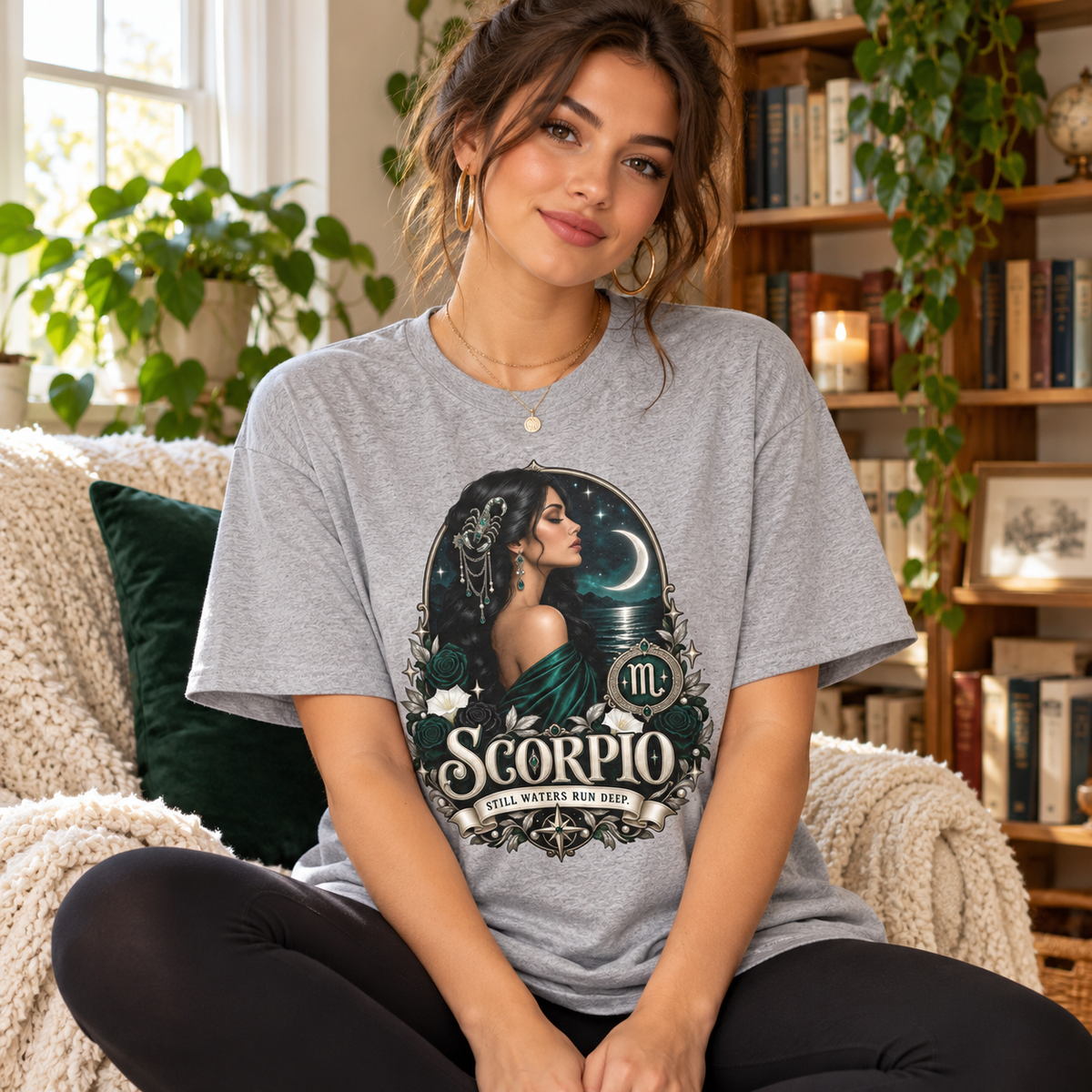 Scorpio Still Waters Run Deep Women's T-Shirt in Sports Grey, worn by a woman in a lifestyle setting