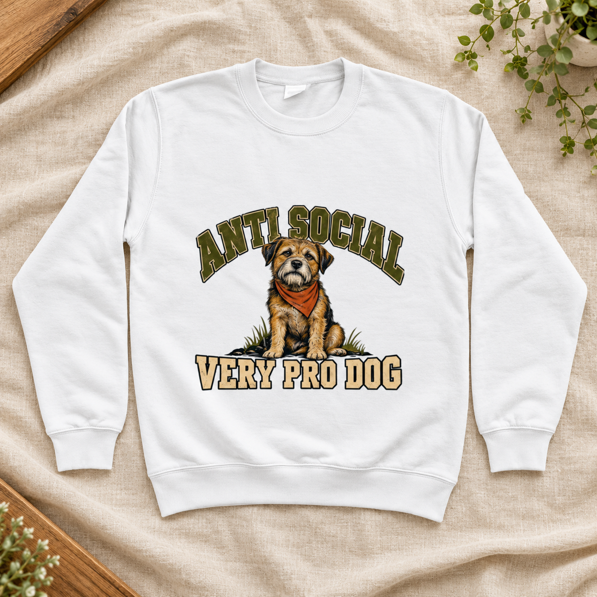 Anti Social, Very Pro Dog Women’s Sweatshirt in Arctic White, front artwork flat lay