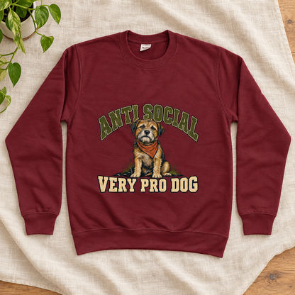 Anti Social, Very Pro Dog Women’s Sweatshirt in Burgundy, front artwork flat lay