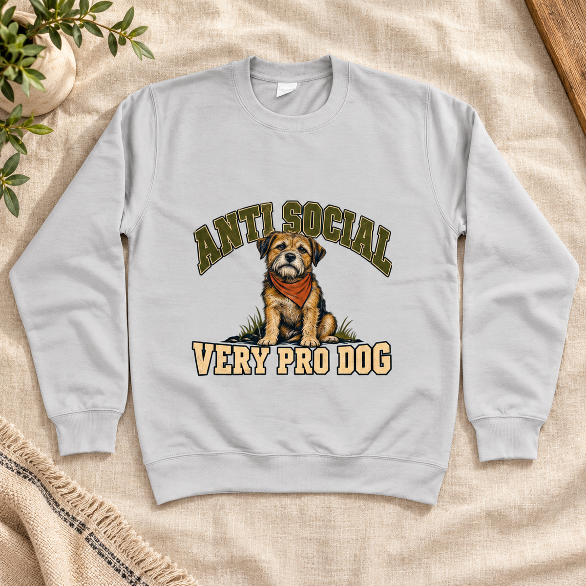 Anti Social, Very Pro Dog Women’s Sweatshirt in Heather Grey, front artwork flat lay