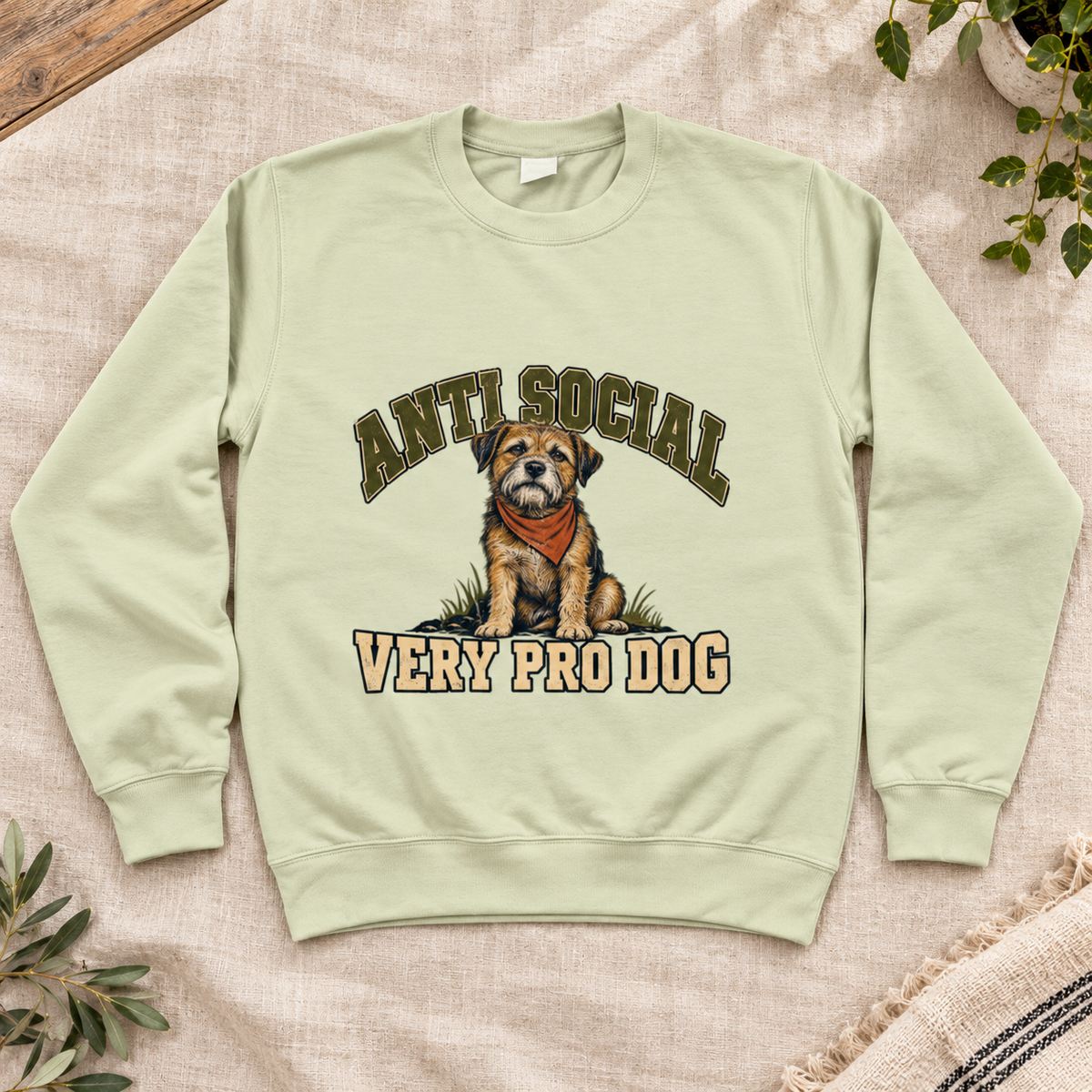 Anti Social, Very Pro Dog Women’s Sweatshirt in Pistachio Green, front artwork flat lay