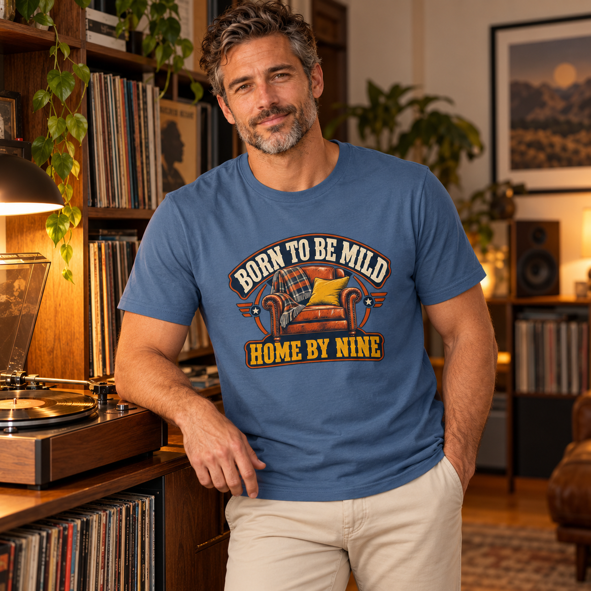 Man wearing the Indigo Born to Be Mild Home by Nine T-shirt beside a vintage record player