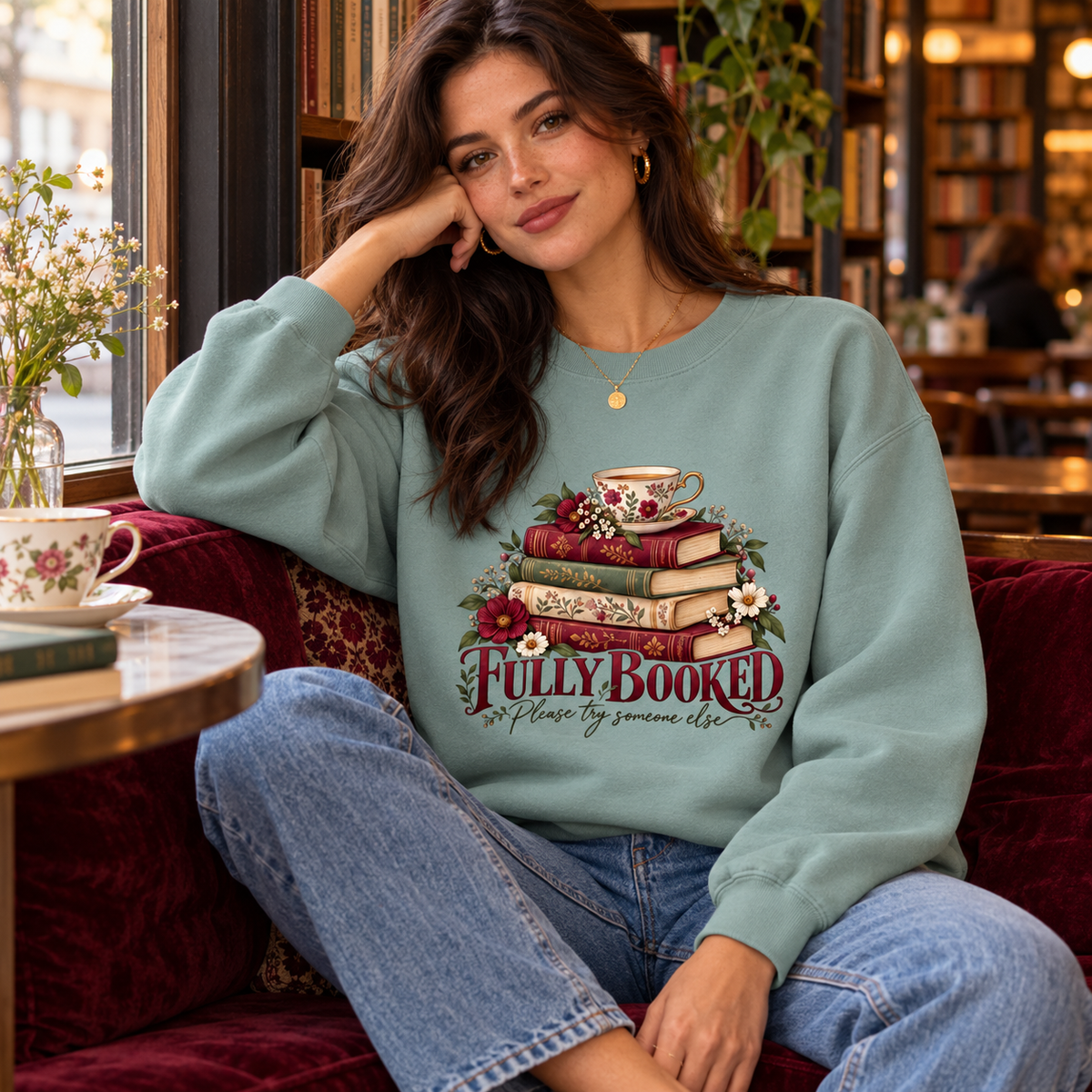 Woman wearing the Dusty Green Fully Booked Please Try Someone Else sweatshirt in a book cafe
