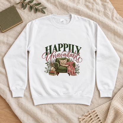 Happily Unavailable Women’s Sweatshirt in Arctic White, front artwork flat lay