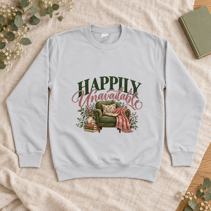 Happily Unavailable Women’s Sweatshirt in Heather Grey, front artwork flat lay