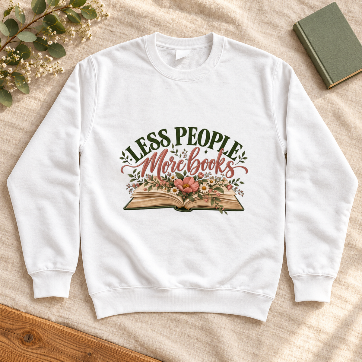Less People More Books Women’s Sweatshirt in Arctic White, front artwork flat lay
