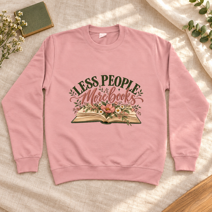 Less People More Books Women’s Sweatshirt in Dusty Pink, front artwork flat lay