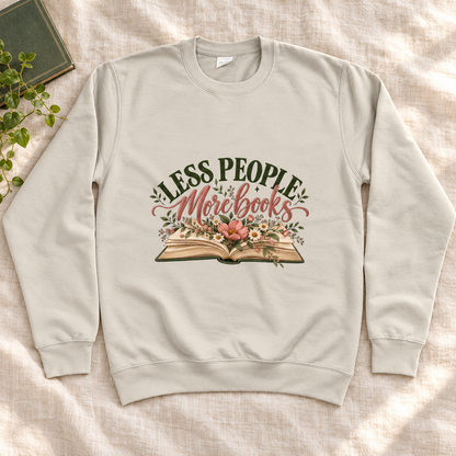 Less People More Books Women’s Sweatshirt in Natural Stone, front artwork flat lay