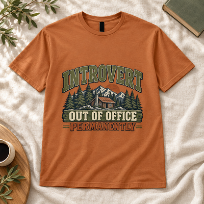 Out of Office Permanently Introvert Men’s T-Shirt in Fan Texas Orange, front artwork flat lay