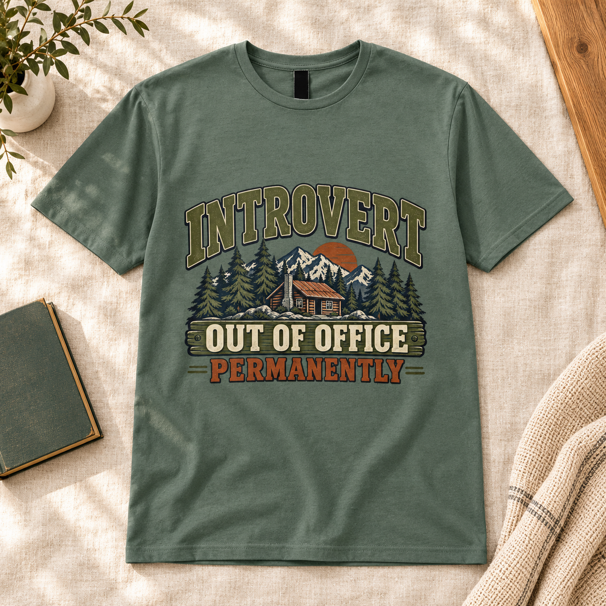 Out of Office Permanently Introvert Men’s T-Shirt in Heather Military Green, front artwork flat lay