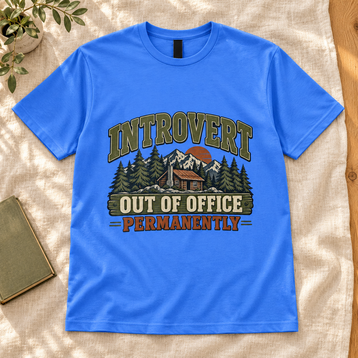 Out of Office Permanently Introvert Men’s T-Shirt in Heather Royal, front artwork flat lay