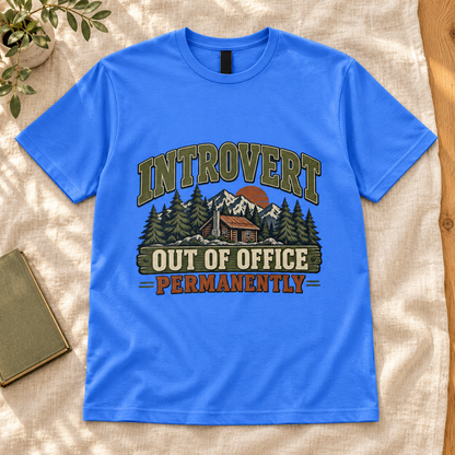Out of Office Permanently Introvert Men’s T-Shirt in Heather Royal, front artwork flat lay