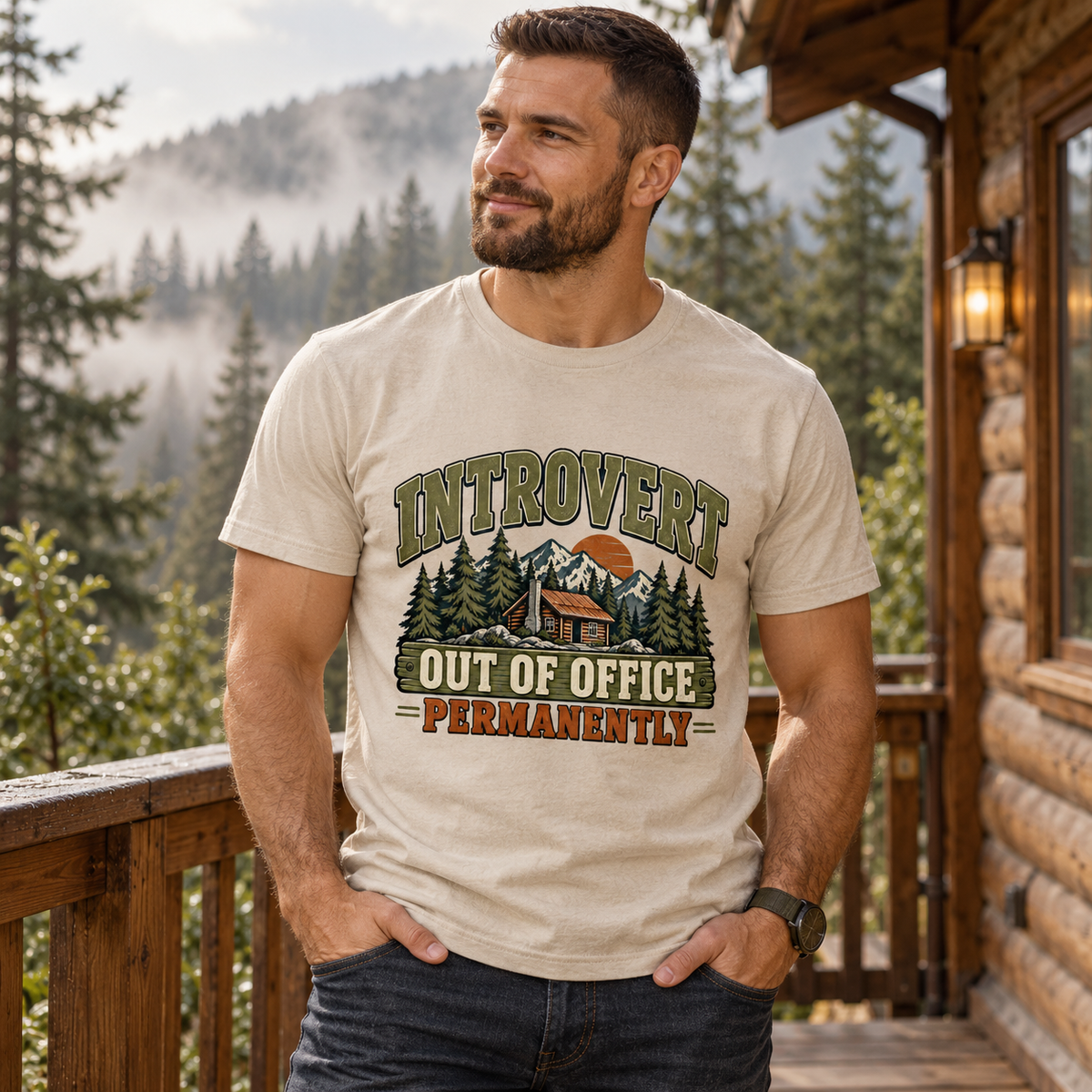 Sand men’s introvert T-shirt worn on a woodland cabin deck