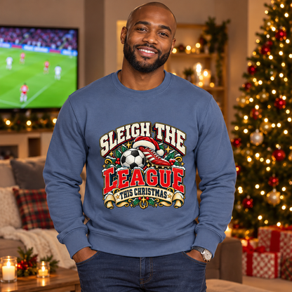 Sleigh the League Men's Christmas Football Sweatshirt in Airforce Blue – men's Christmas lifestyle image