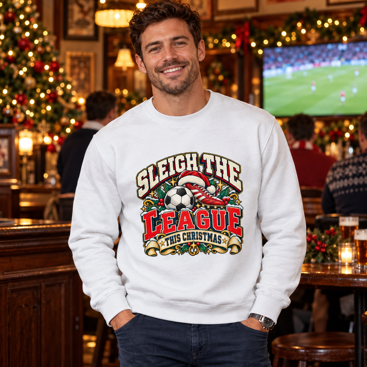 Sleigh the League Men's Christmas Football Sweatshirt in Arctic White – men's Christmas lifestyle image