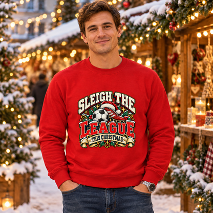 Sleigh the League Men's Christmas Football Sweatshirt in Fire Red – men's Christmas lifestyle image