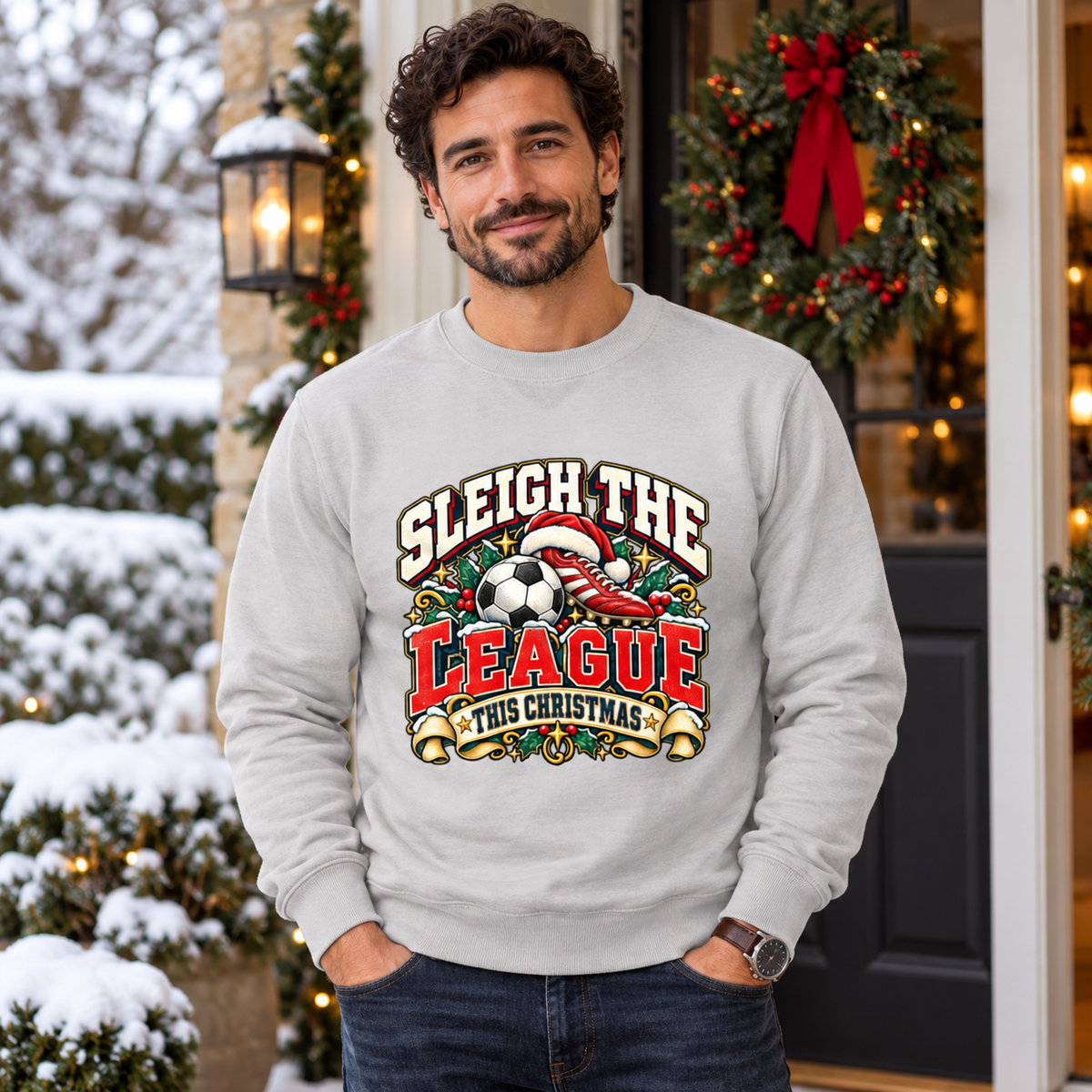 Sleigh the League Men's Christmas Football Sweatshirt in Heather Grey – men's Christmas lifestyle image