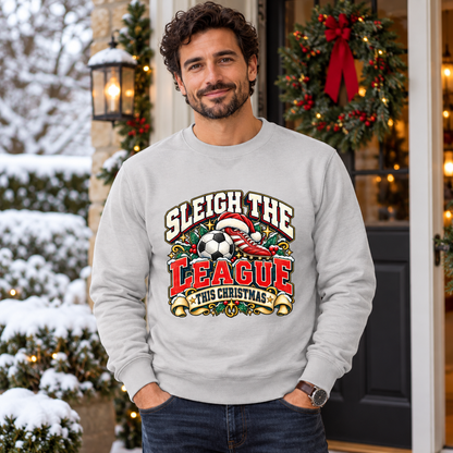 Sleigh the League Men's Christmas Football Sweatshirt in Heather Grey – men's Christmas lifestyle image