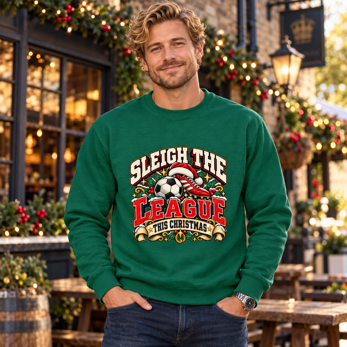 Sleigh the League Men's Christmas Football Sweatshirt in Rainforest Green – men's Christmas lifestyle image