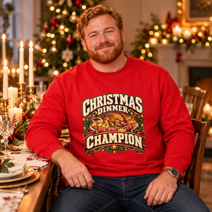Christmas Dinner Champion Men's Christmas Sweatshirt in Fire Red – men's Christmas lifestyle image