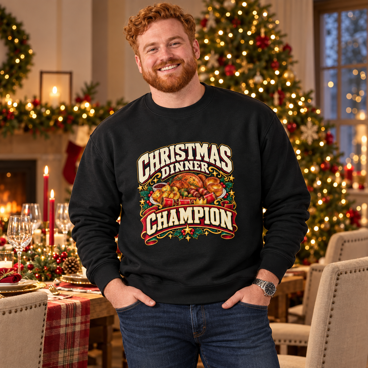 Christmas Dinner Champion Men's Christmas Sweatshirt in Jet Black – men's Christmas lifestyle image