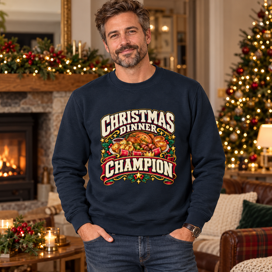 Christmas Dinner Champion Men's Christmas Sweatshirt in New French Navy – men's Christmas lifestyle image