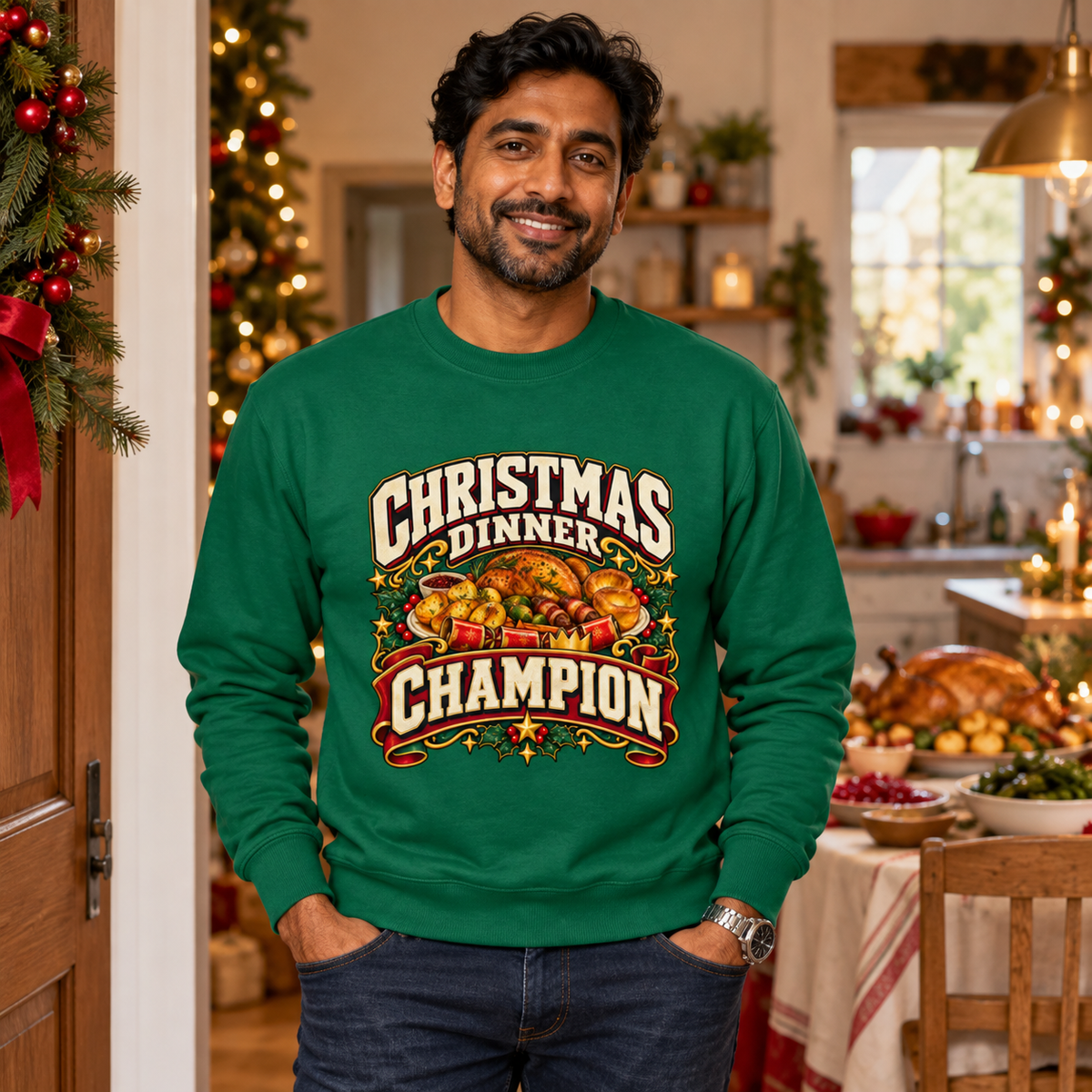 Christmas Dinner Champion Men's Christmas Sweatshirt in Rainforest Green – men's Christmas lifestyle image