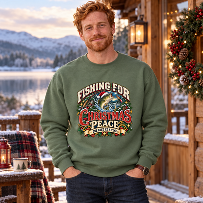 Fishing for Christmas Peace Men's Christmas Sweatshirt in Earthy Green – men's Christmas lifestyle image